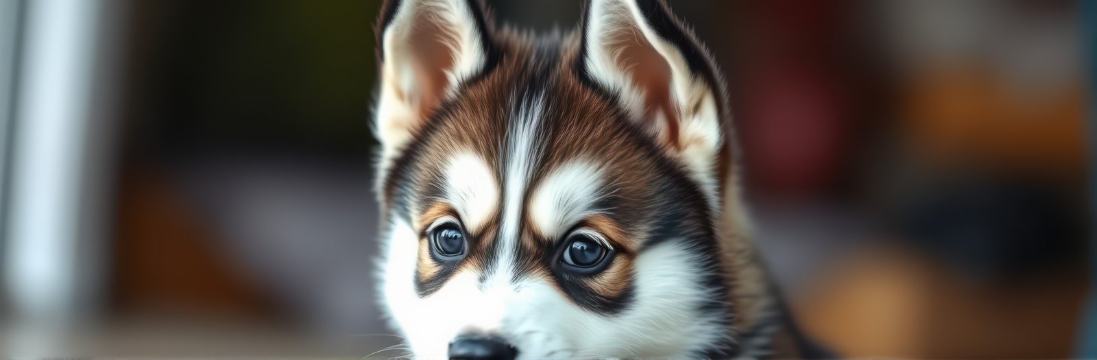 Cute husky puppy with striking blue eyes sitting indoors during the day